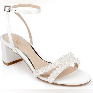 Jewel Badgley Mischka Women's Ninnette Block Heel Sandals ivory with pearl strap